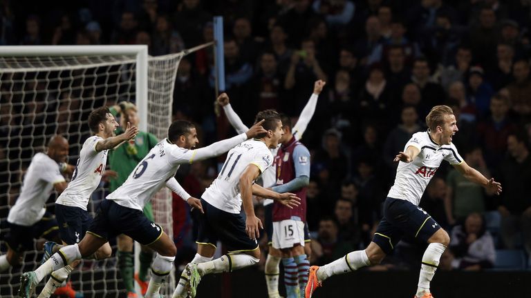 Tottenham Hotspur's Harry Kane celebrates scoring the winner against Aston Villa at Villa Park in November 2014