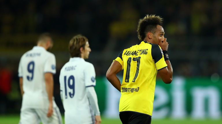 Pierre-Emerick Aubameyang reacts after scoring for Dortmund against Real Madrid