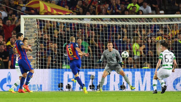 Andres Iniesta came off the bench to score a volley against Celtic in Barcelona's 7-0 win