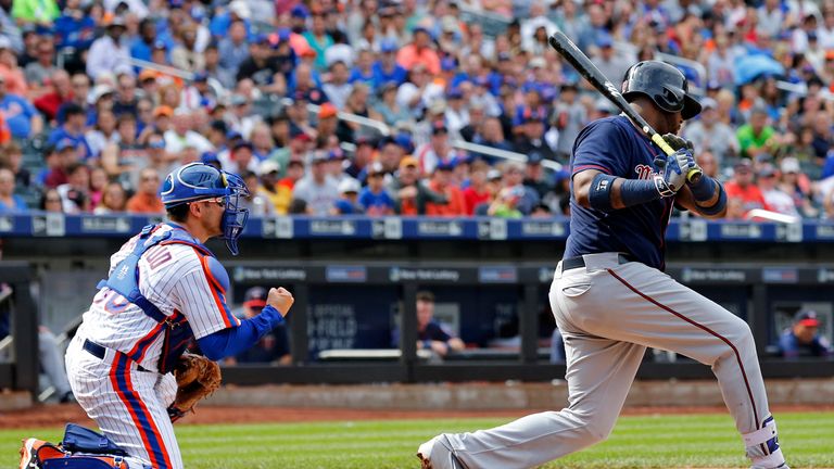 Kennys Vargas of the Minnesota Twins strikes out against the New York Mets