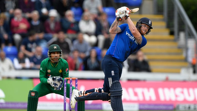 CARDIFF, ENGLAND - SEPTEMBER 04:  England player Ben Stokes hits a six watched by wicketkeeper Sarfraz Ahmed during the 5th One Day International between E