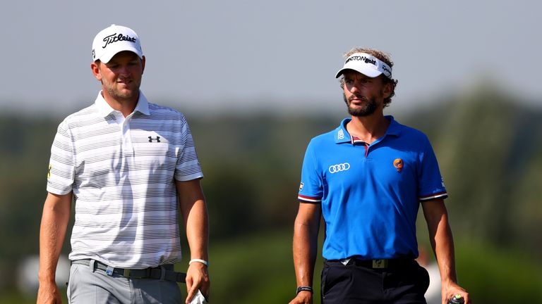 SPIJK, NETHERLANDS - SEPTEMBER 08:  Bernd Wiesberger (L) of South Africa walks with Joost Luiten of the Netherlands during the first round on day one of th
