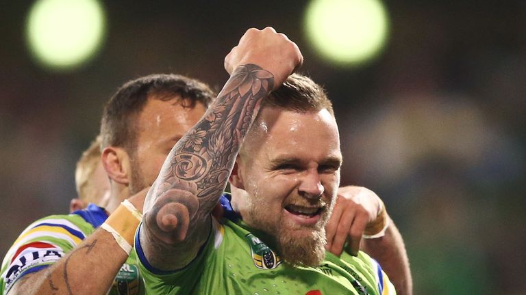 Blake Austin of the Raiders celebrates scoring a try during the second NRL Semi Final match between the Canberra Raiders and Penrith Panthers 