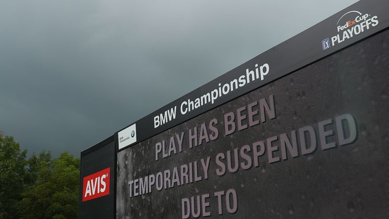 Weather warning signs are displayed during the first round of the BMW Championship at Crooked Stick Golf Club 