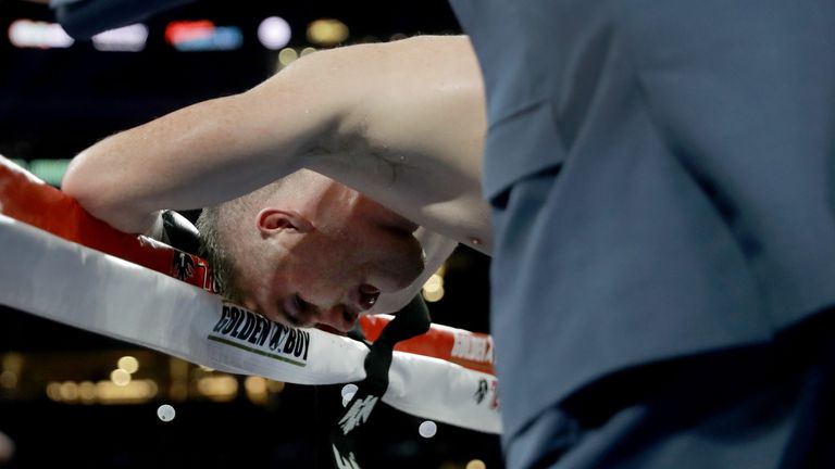 ARLINGTON, TX - SEPTEMBER 17: Liam Smith leans on the ropes after being knocked out by Canelo Alvarez in the WBO Junior Middleweight World fight at AT&T St