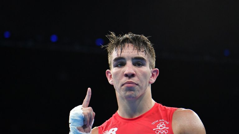 Ireland's Michael John Conlan celebrates winning against Armenia's Aram Avagyan during the Men's Bantam (56kg) match at the Rio 2016 Olympic Games at the R