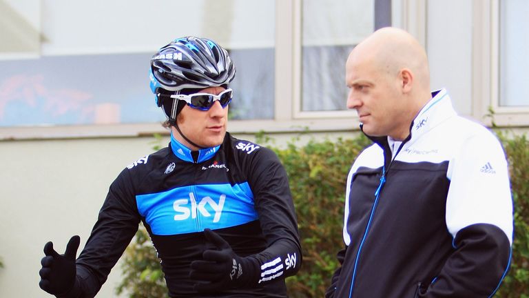 VALENCIA, SPAIN - JANUARY 06:  Bradley Wiggins of Great Britain and Team SKY chats to Team Principal Dave Brailsford during a Team SKY Training Camp on Jan