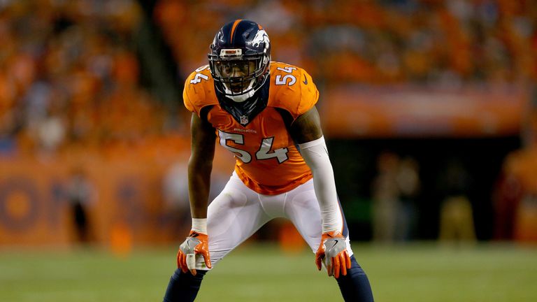 DENVER, CO - SEPTEMBER 08:  Inside linebacker Brandon Marshall #54 of the Denver Broncos looks on in the first half against the Carolina Panthers at Sports