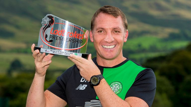 Brendan Rodgers with manager of the month award for August 