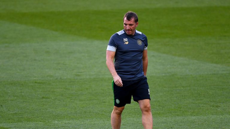 Brendan Rogers looks on during a Celtic training session