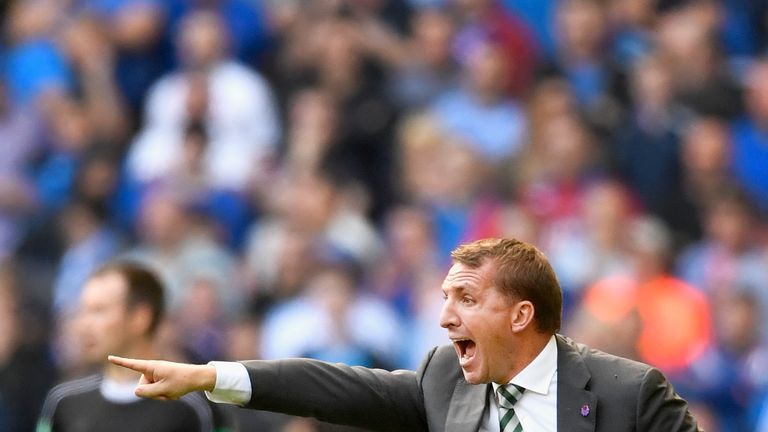 GLASGOW, SCOTLAND - SEPTEMBER 10:  Brendan Rodgers of Celtic reacts during the Ladbrokes Scottish Premier league match between Celtic and Rangers at Celtic