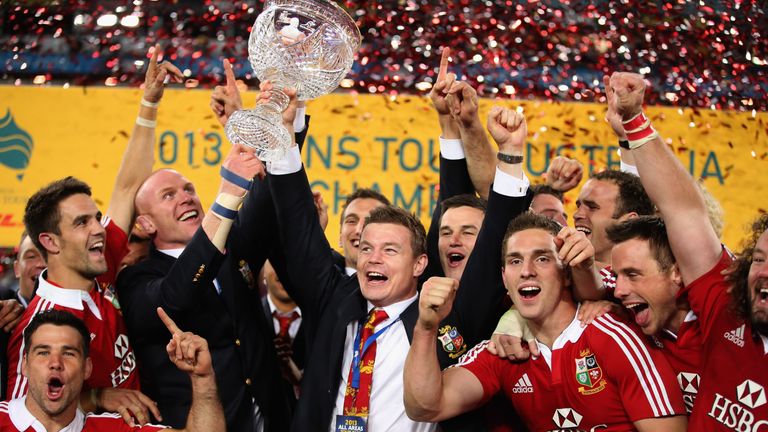 Brian O'Driscoll (R) and Paul O'Connell of the Lions raise Tom Richards Cup after their 2-1 series victory over the Wallabies