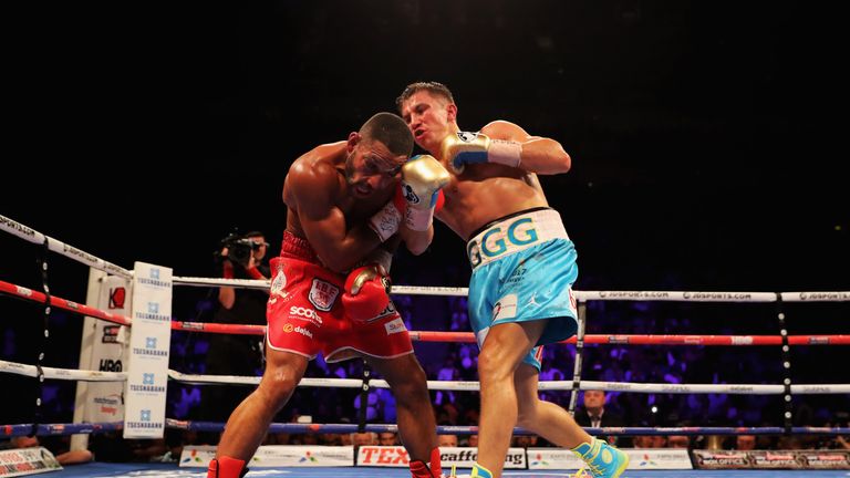 LONDON, ENGLAND - SEPTEMBER 10:  Gennady Golovkin (blue trunks) and Kell Brook (red trunks) in action during their World Middleweight Title contest at The 