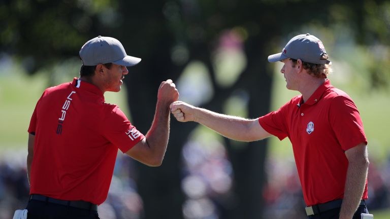 USA's Brooks Koepka (left) and USA's Brandt Snedeker celebrate Snedeker's putt on the 2nd during the Fourballs, on day one of the 41st Ryder Cup