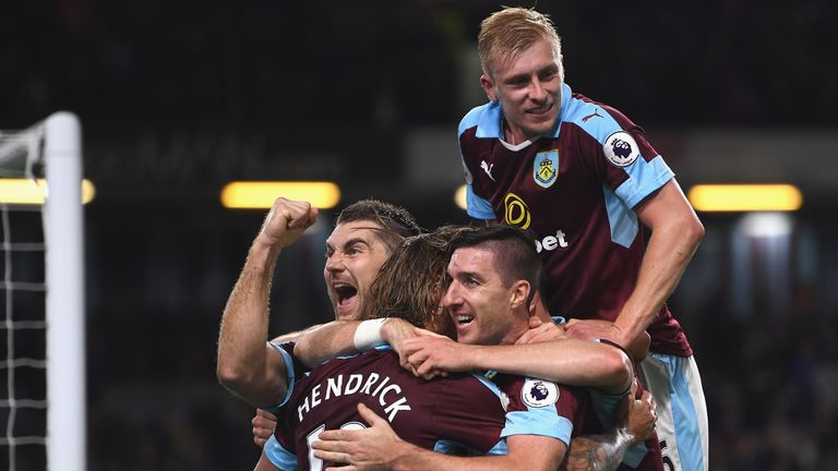 Jeff Hendrick of Burnley celebrates with team mates after scoring against Watford
