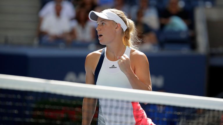 NEW YORK, NY - SEPTEMBER 04:  Caroline Wozniacki of Denmark reacts against Madison Keys of the United States during her fourth round Women's Singles match 