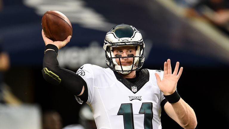 CHICAGO, IL - SEPTEMBER 19:  Quarterback  Carson Wentz #11 of the Philadelphia Eagles warms up prior to the game against the Chicago Bears at Soldier Field