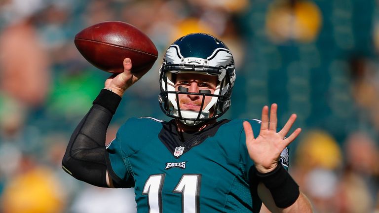 PHILADELPHIA, PA - SEPTEMBER 25:  Quarterback  Carson Wentz #11 of the Philadelphia Eagles looks to pass during warm-ups before playing against the Pittsbu