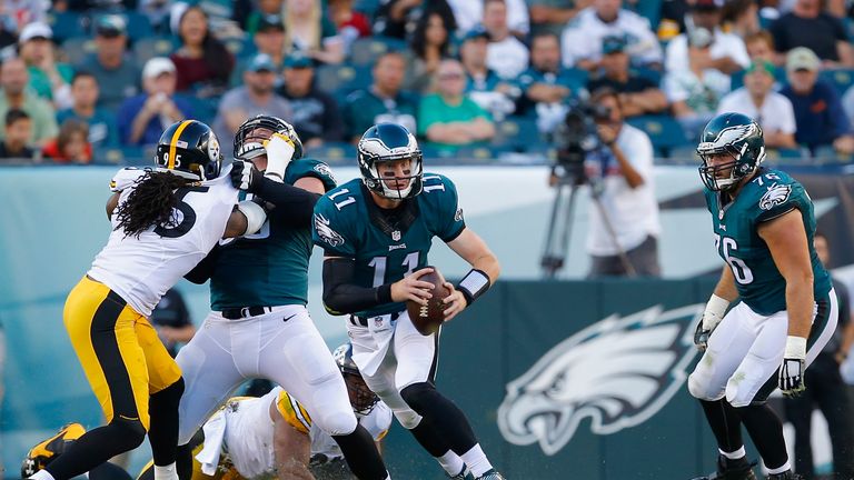 PHILADELPHIA, PA - SEPTEMBER 25:  Quarterback  Carson Wentz #11 of the Philadelphia Eagles looks to pass the ball against the Pittsburgh Steelers in the th