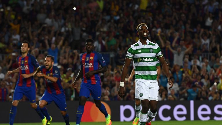 Moussa Dembele of Celtic reacts after missing a penalty against Barcelona