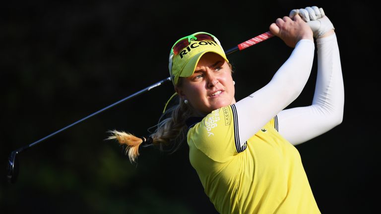 EVIAN-LES-BAINS, FRANCE - SEPTEMBER 14:  Charley Hull of England plays a shot during practice prior to the start of the Evian Championship Golf on Septembe