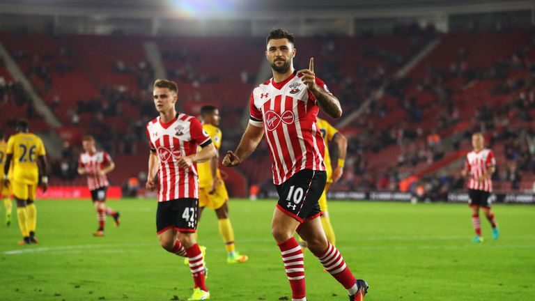 Charlie Austin of Southampton celebrates after scoring against Crystal Palace in the EFL Cup third round