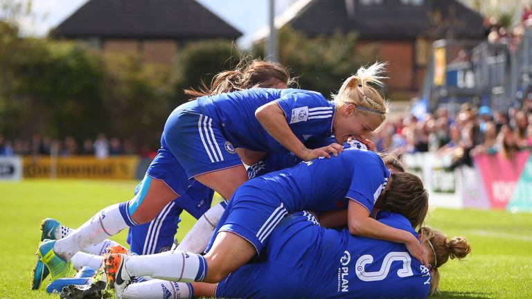 STAINES, ENGLAND - APRIL 17:  Katie Chapman of Chelsea celebrates with Ji So Yun after she scores her side's first goal during the SSE Women's FA Cup Semi-