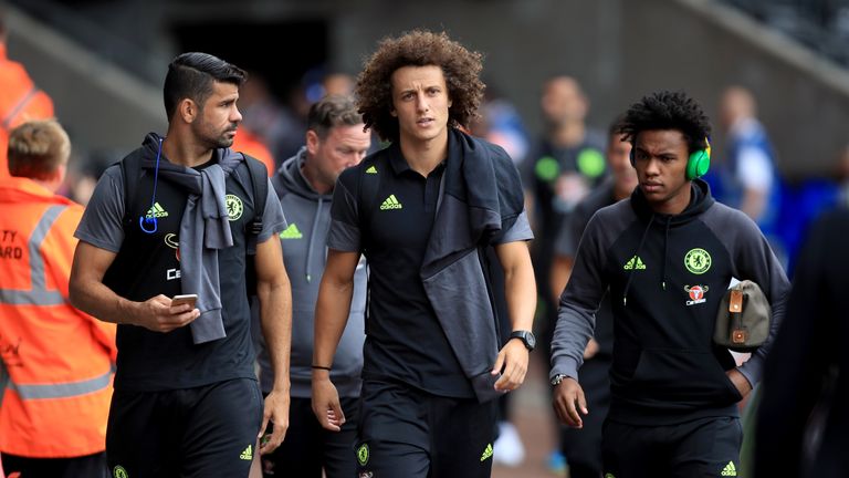 Chelsea's Diego Costa (left), David Luiz (centre) and Willian (right) before the Premier League match at the Liberty Stadium, Swansea
