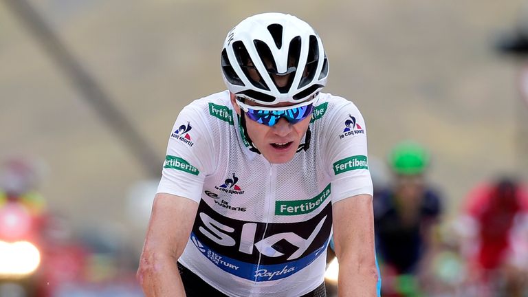 Chris Froome crosses the finish line during the 15th stage of the 71st edition of the Vuelta a Espana