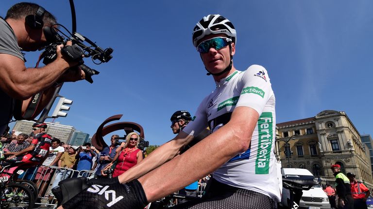 Sky's British cyclist Christopher Froome waits for the start of the 13th stage of the 71st edition of "La Vuelta" Tour of Spain, a 212.8km route between Bi