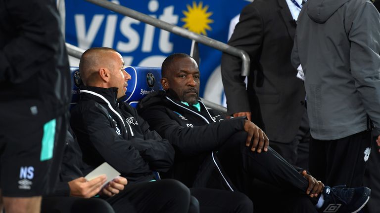 Derby coach Chris Powell looks on before the Sky Bet Championship match between Cardiff City and Derby County 