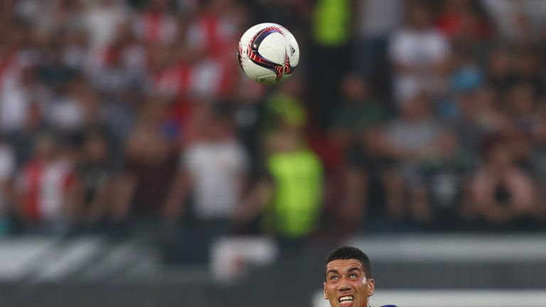 Chris Smalling of Manchester United (right) and Nicolai Jorgensen of Feyenoord in action in the Europa League