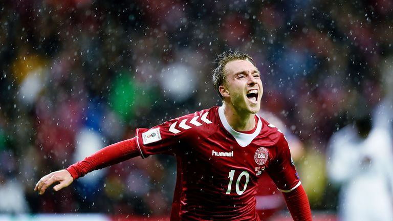 Denmark's Christian Eriksen celebrates scoring 