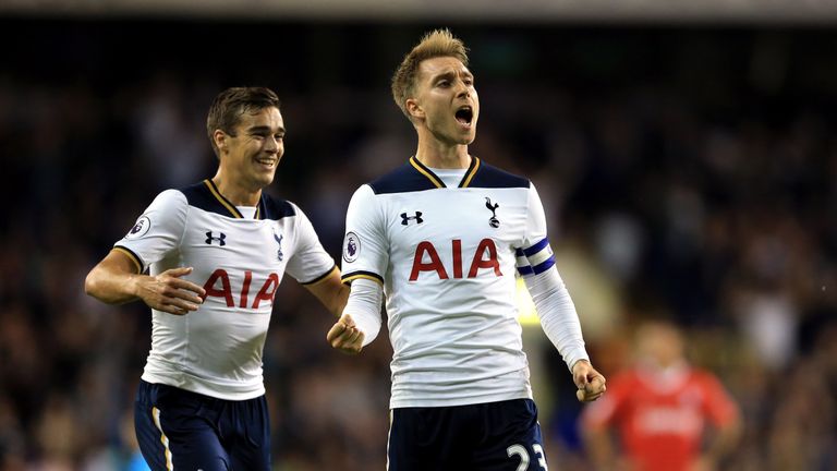 Tottenham Hotspur's Christian Eriksen celebrates scoring his side's first goal of the game during the EFL Cup, Third Round match at White Hart Lane, London