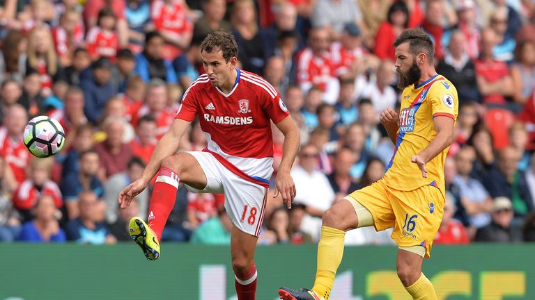 Joe Ledley shadows Christian Stuani during Crystal Palace's win at Middlesbrough