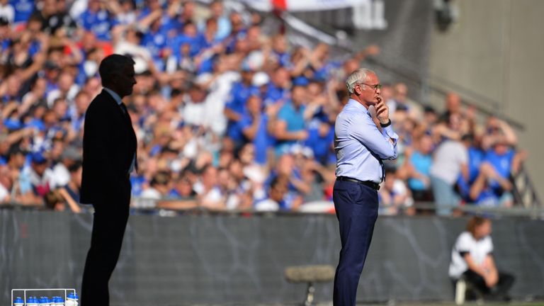 Leicester City's Claudio Ranieri watches from the touchline with Manchester United's Jose Mourinho during the FA Community Shield at Wembley in 2016