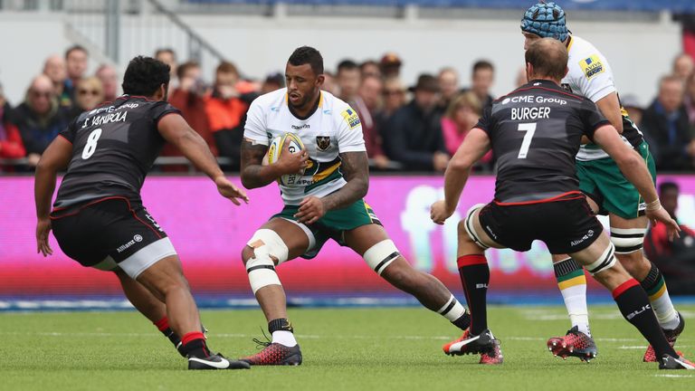 SEPTEMBER 17 2016:  Courtney Lawes of Northampton runs with the ball during the Aviva Premiership match between Saracens and Northampton Saints