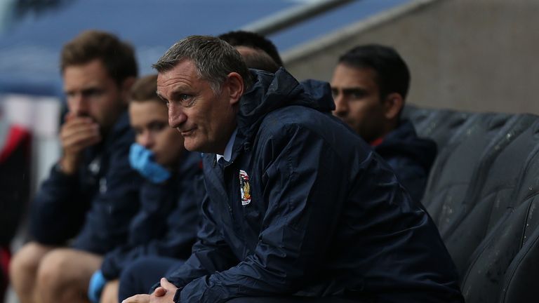 Coventry City manager Tony Mowbray looks on from the dugout