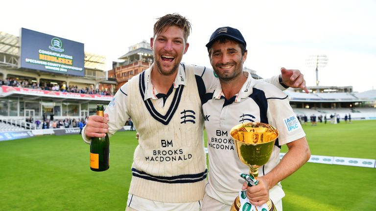 Ollie Rayner of Middlesex (L) celebrates with Tim Murtagh