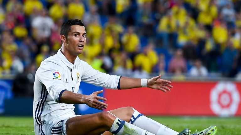 Cristiano Ronaldo reacts during the match between Las Palmas and Real Madrid