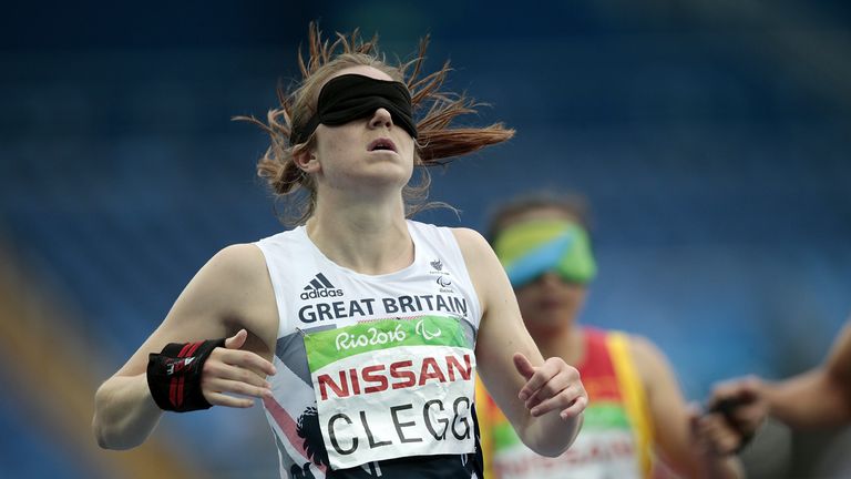 Libby Clegg of Great Britain celebrates after winning the women's 100m - T11 Semifinals at the Olympic Stadium on Day 2 of the Rio 2016 Paralympic Games on September 9, 2016 in Rio de Janeiro, Brazil