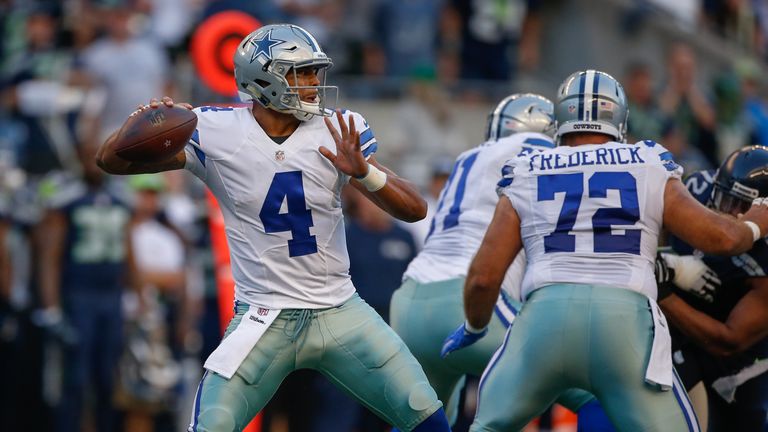 SEATTLE, WA - AUGUST 25:  Quarterback Dak Prescott #4 of the Dallas Cowboys passes against the Seattle Seahawks during the preseason game at CenturyLink Fi