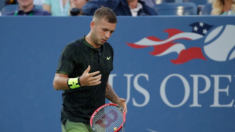 NEW YORK, NY - SEPTEMBER 03:  Daniel Evans of Great Britain reacts against Stan Wawrinka of Switzerland during his third round Men's Singles match on Day S