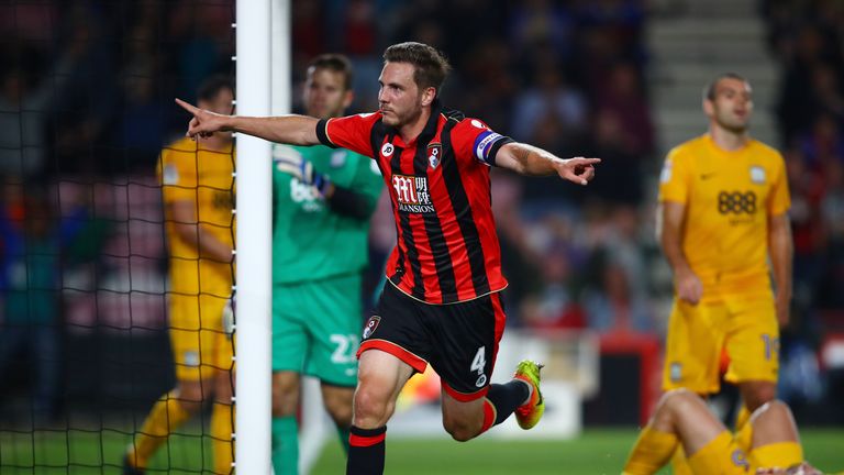 BOURNEMOUTH, ENGLAND - SEPTEMBER 20:  Dan Gosling of AFC Bournemouth celebrates after scoring his sides second goal during the EFL Cup Third Round match be
