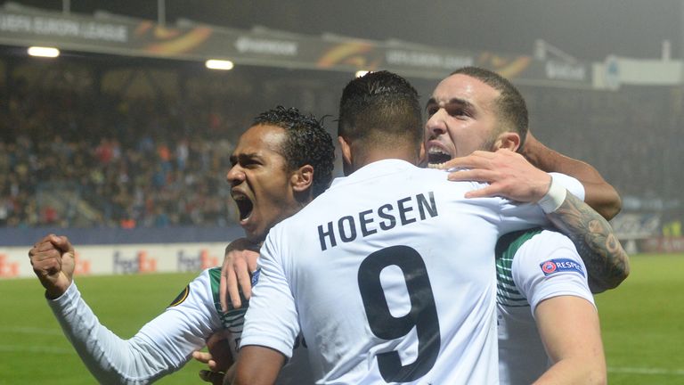 Danny Hoesen of FC Groningen celebrates with his teammates after scoring during the UEFA Europa League Group F football match FC Slovan Liberec  vs  FC Gro