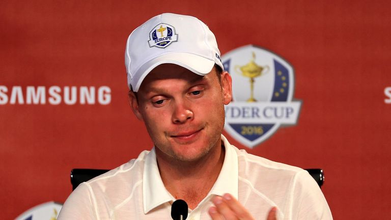 Danny Willett in a press conference during practice prior to the 2016 Ryder Cup at Hazeltine National Golf Club