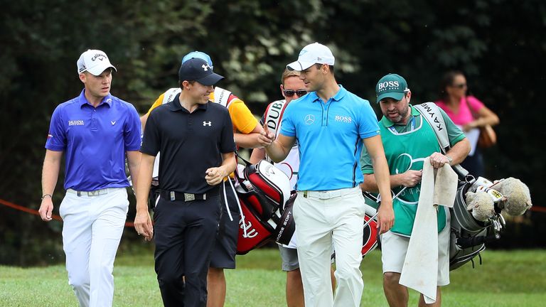 MONZA, ITALY - SEPTEMBER 16:  Danny Willett of England (L), Matthew Fitzpatrick of England (C) and Martin Kaymer of Germany right walk down the 17th hole d