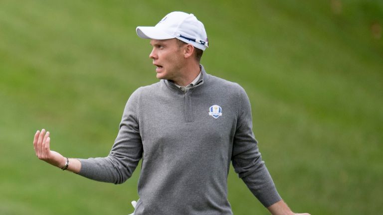Danny Willet of Great Britain gestures during a practice round ahead of 41st Ryder Cup at Hazeltine National Golf Course in Chaska, Minnesota, September 28