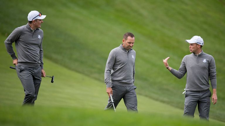 Danny Willet, Sergio Garcia and Justin Rose during a practice round ahead of 41st Ryder Cup