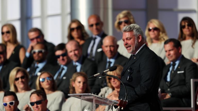 Europe team captain Darren Clarke on stage during the opening ceremony for the 41st Ryder Cup at Hazeltine National Golf Club in Chaska, Minnesota, USA.